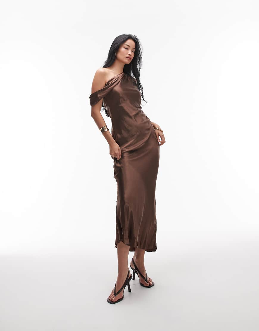 Drape neck off the shoulder midi occasion dress in chocolate-Green