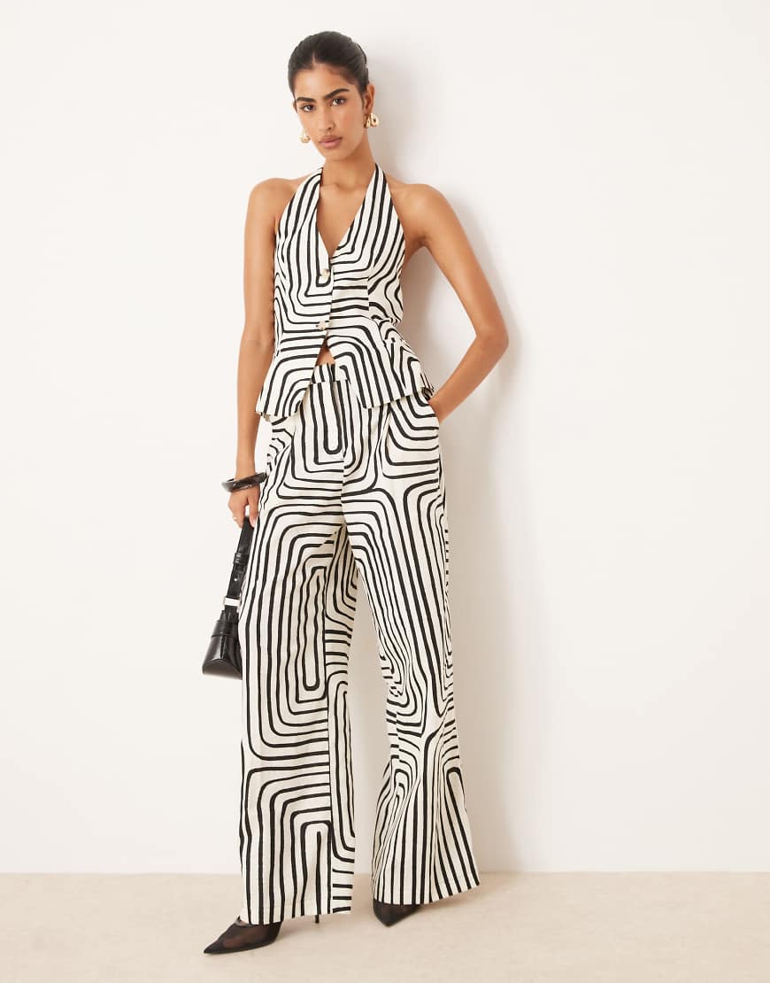 Co-ord scribble print linen mix wide leg trouser in white