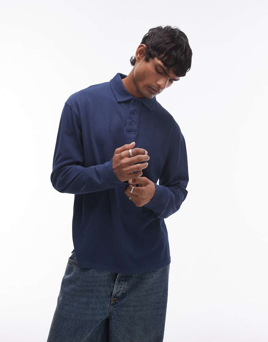 Long sleeve polo in washed navy