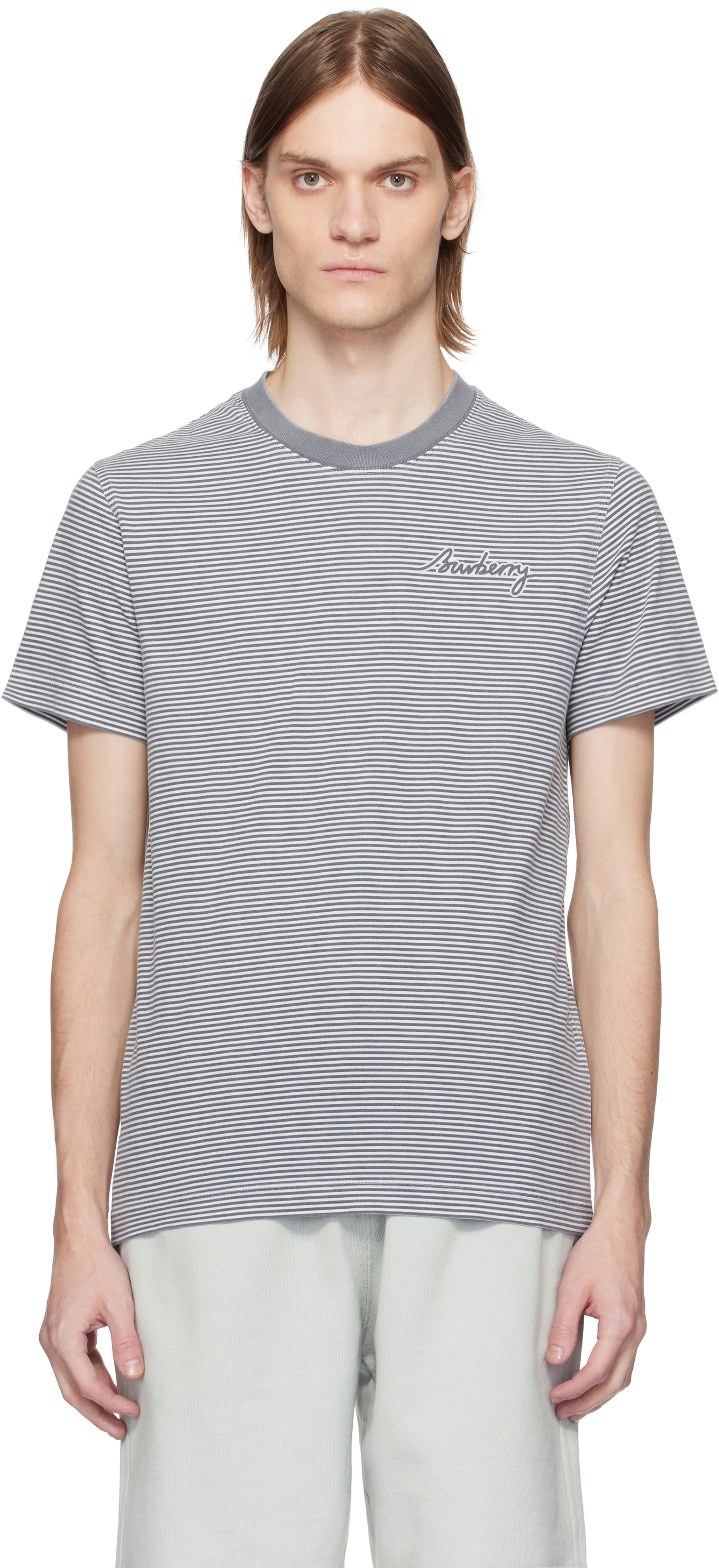 Burberry White & Gray Striped Cotton T-shirt