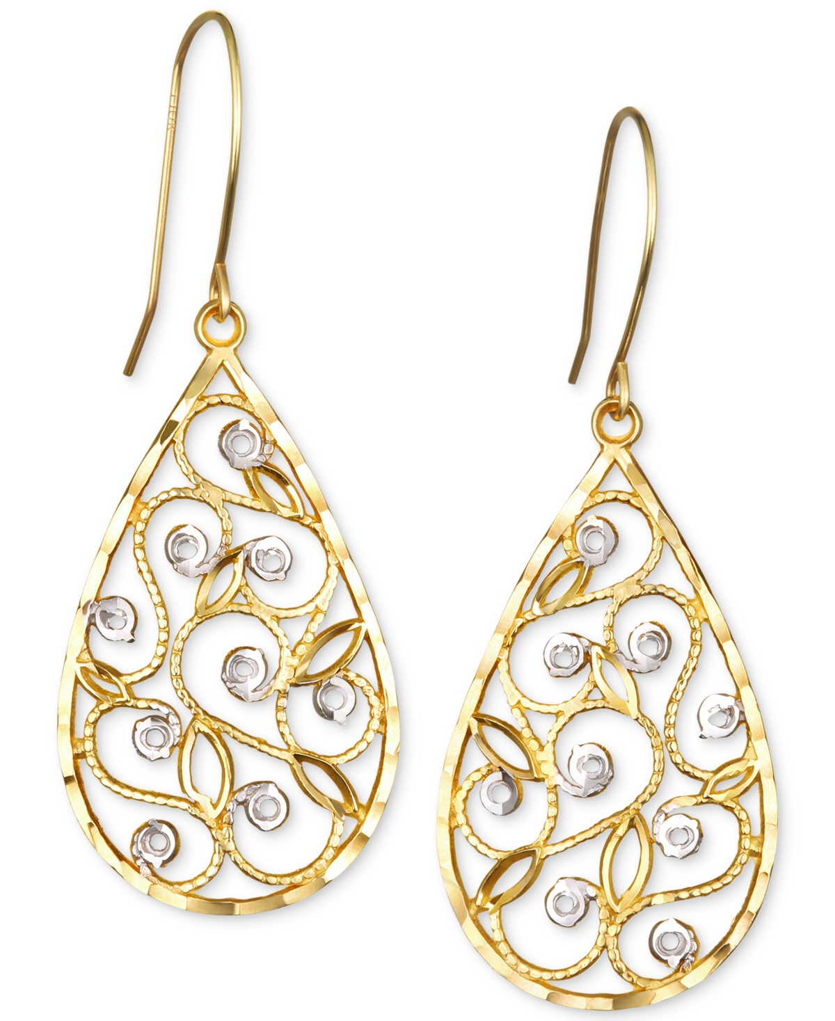 Two-Tone Filigree Teardrop Drop Earrings in 10k Gold - Two-Tone