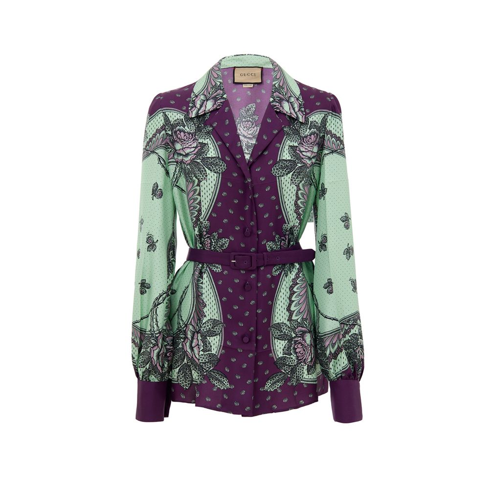 Floral-Print Silk Blouse — Green