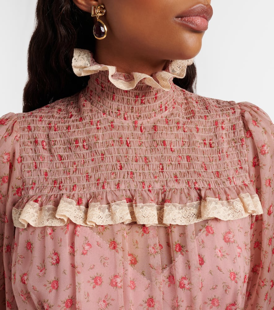 Floral smocked silk and cotton chiffon gown