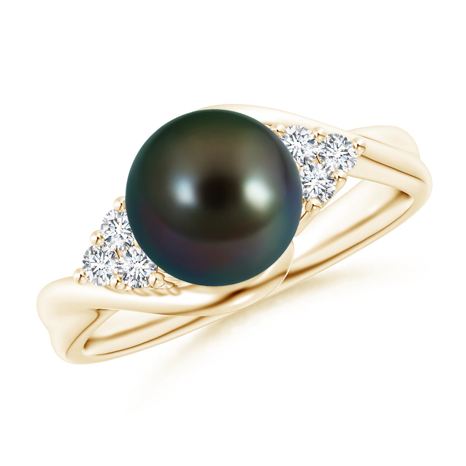 Angara 8mm Tahitian Pearl Bypass Ring with Diamond Trio in 18K Yellow Gold
