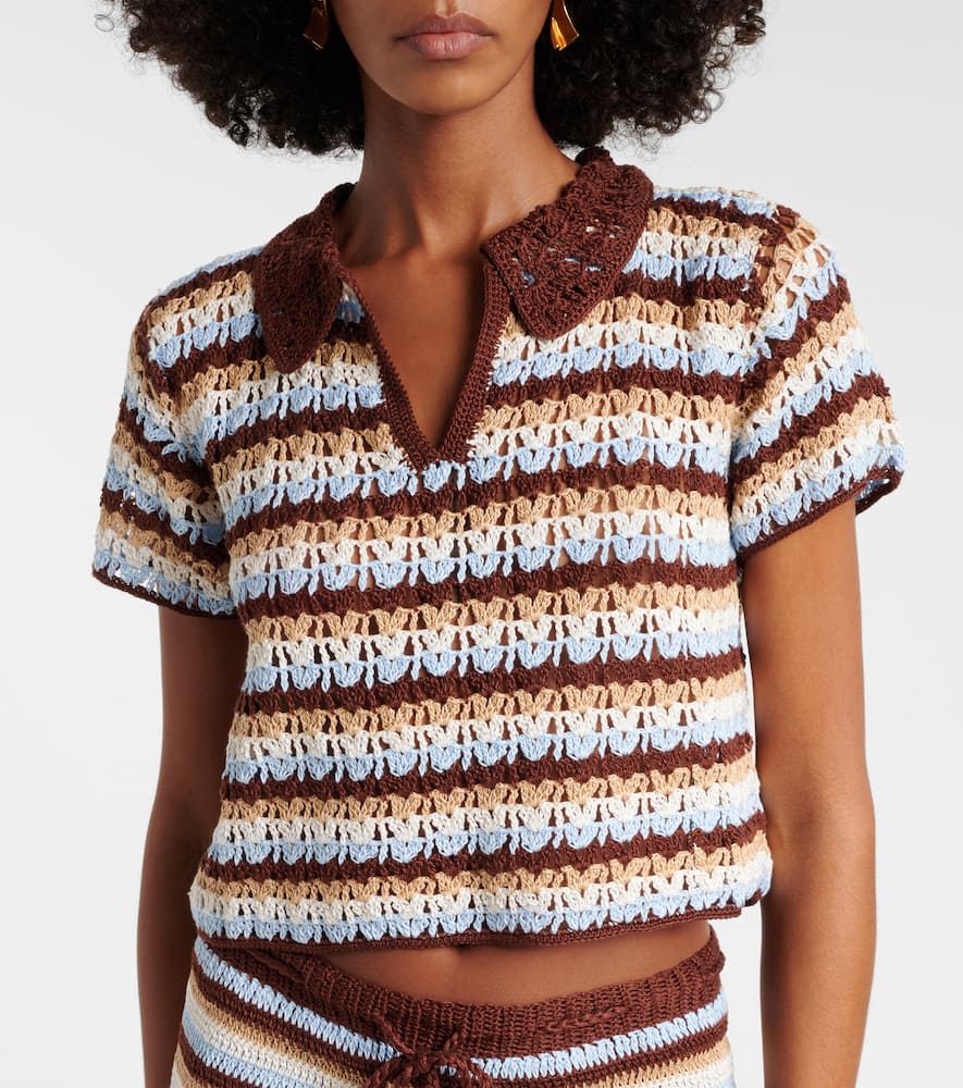 Crochet striped cotton polo shirt
