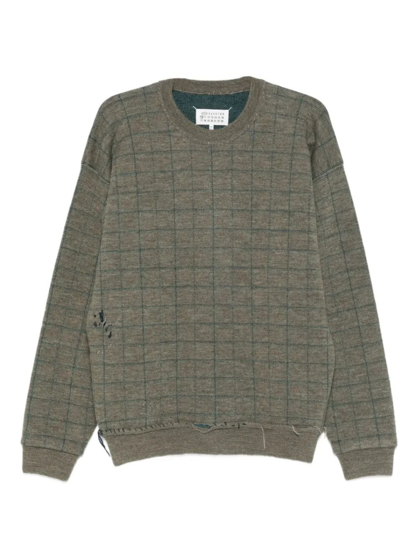 Green Checked Distressed Sweater