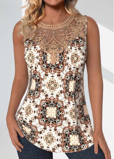 Modlily Light Coffee Patchwork Tribal Print Sleeveless Tank Top