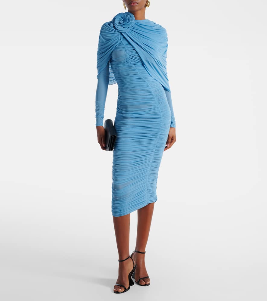 Floral-appliqué ruched caped midi dress