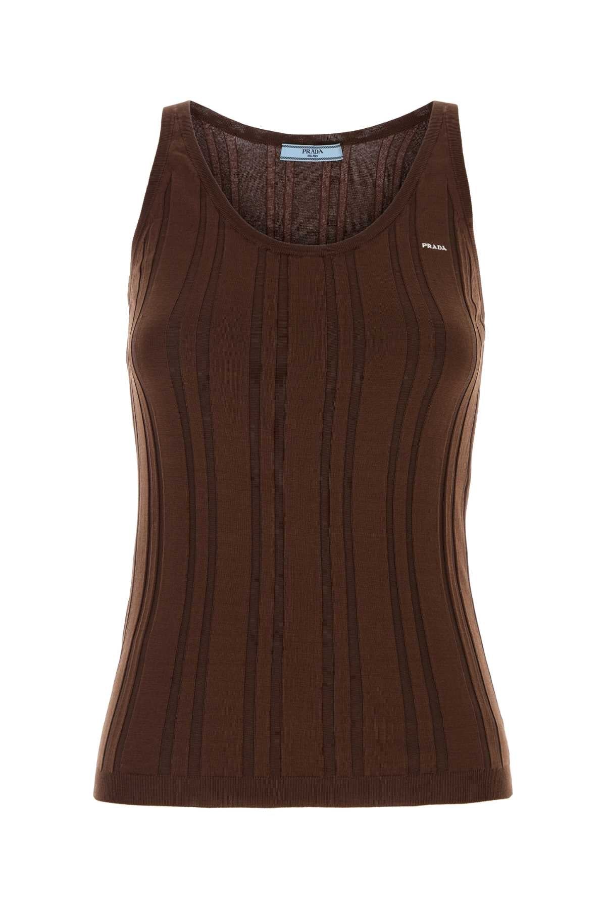 Ribbed Cotton-Nylon Knit Tank Top — Brown