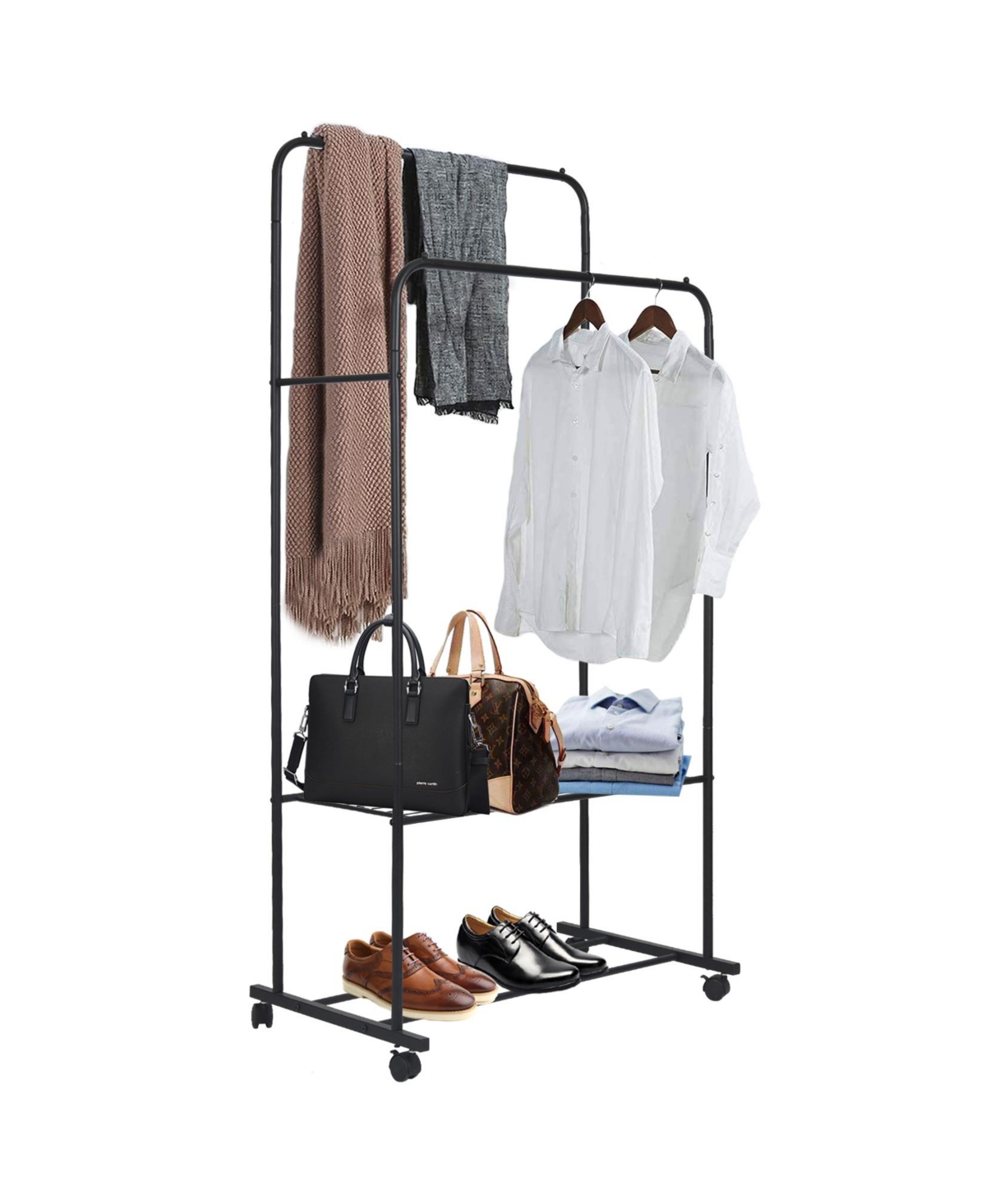 Double Rail Clothes Stand: Garment Rack on Wheels with Storage Shelves - Black