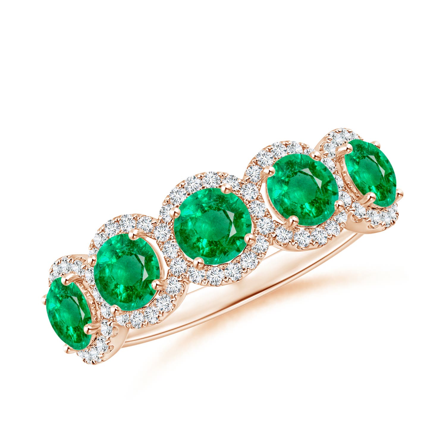 Angara 1.2 Carats Half Eternity Five-Stone Emerald Halo Ring in 18K Rose Gold