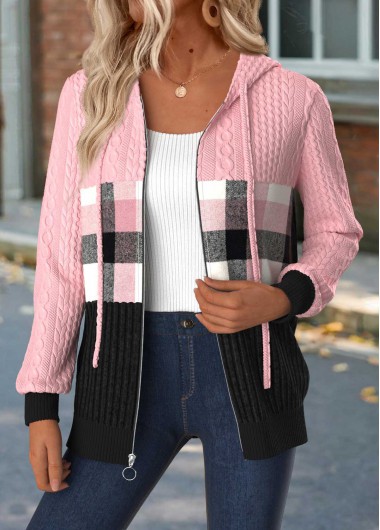 Modlily Light Pink Tummy Coverage Plaid Long Sleeve Hooded Coat