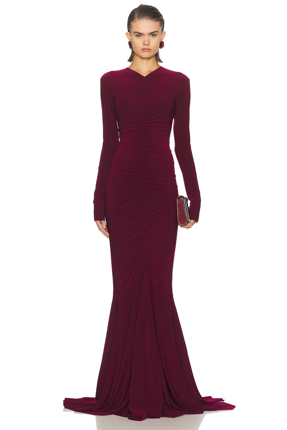 Norma Kamali Long Sleeve V Neck Shirred Front Fishtail Gown in Plum - Burgundy. L also in