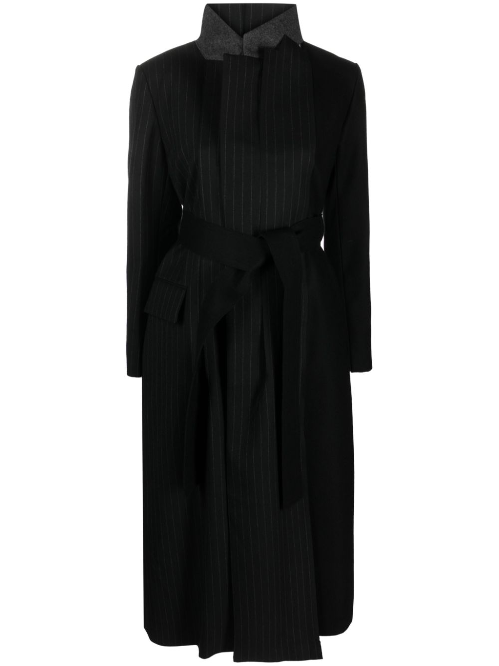 Belted pinstripe-pattern wool coat - Black