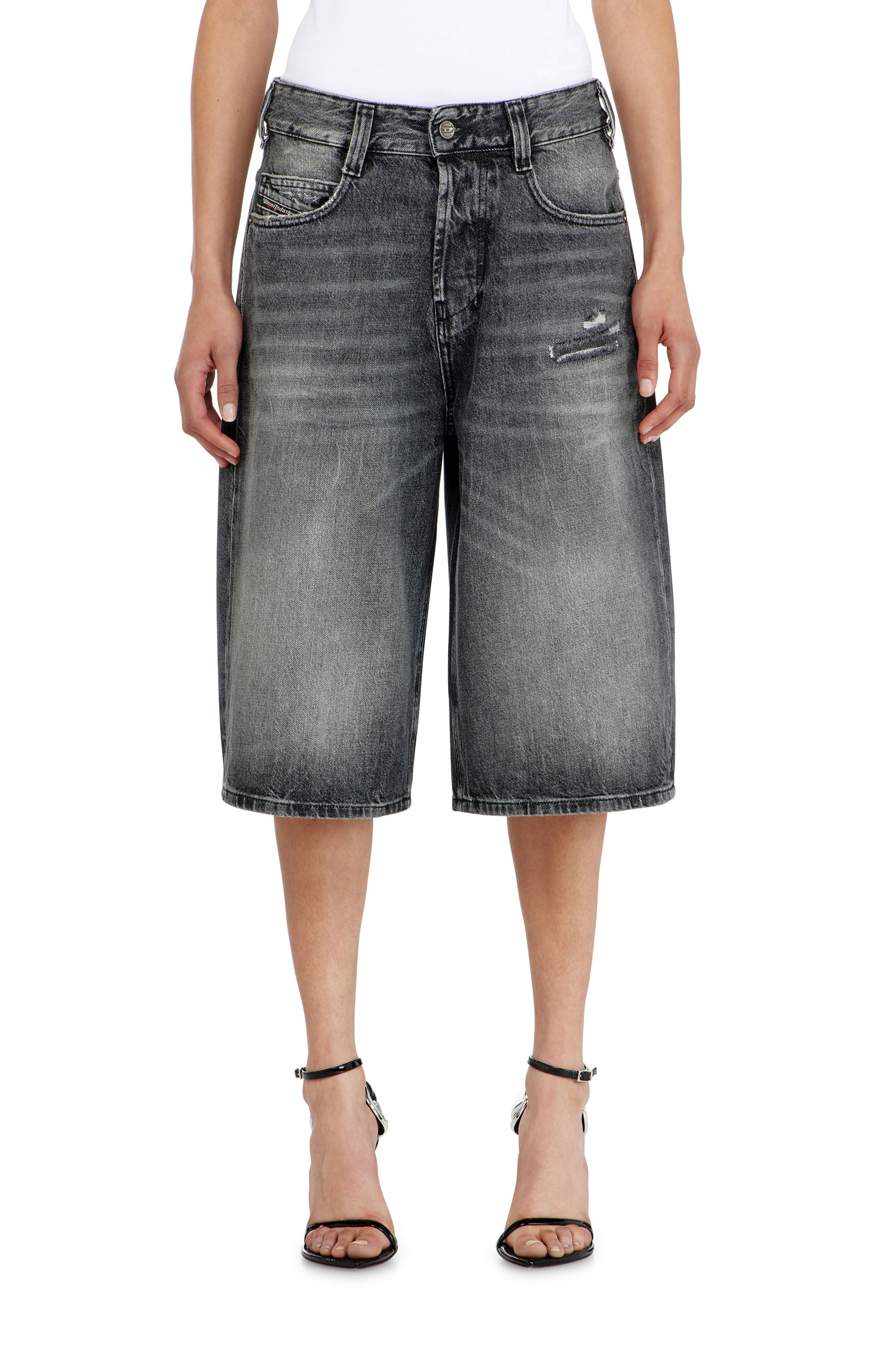 Denim relaxed shorts with abrasions - Denim short pants - Unisex - Grey