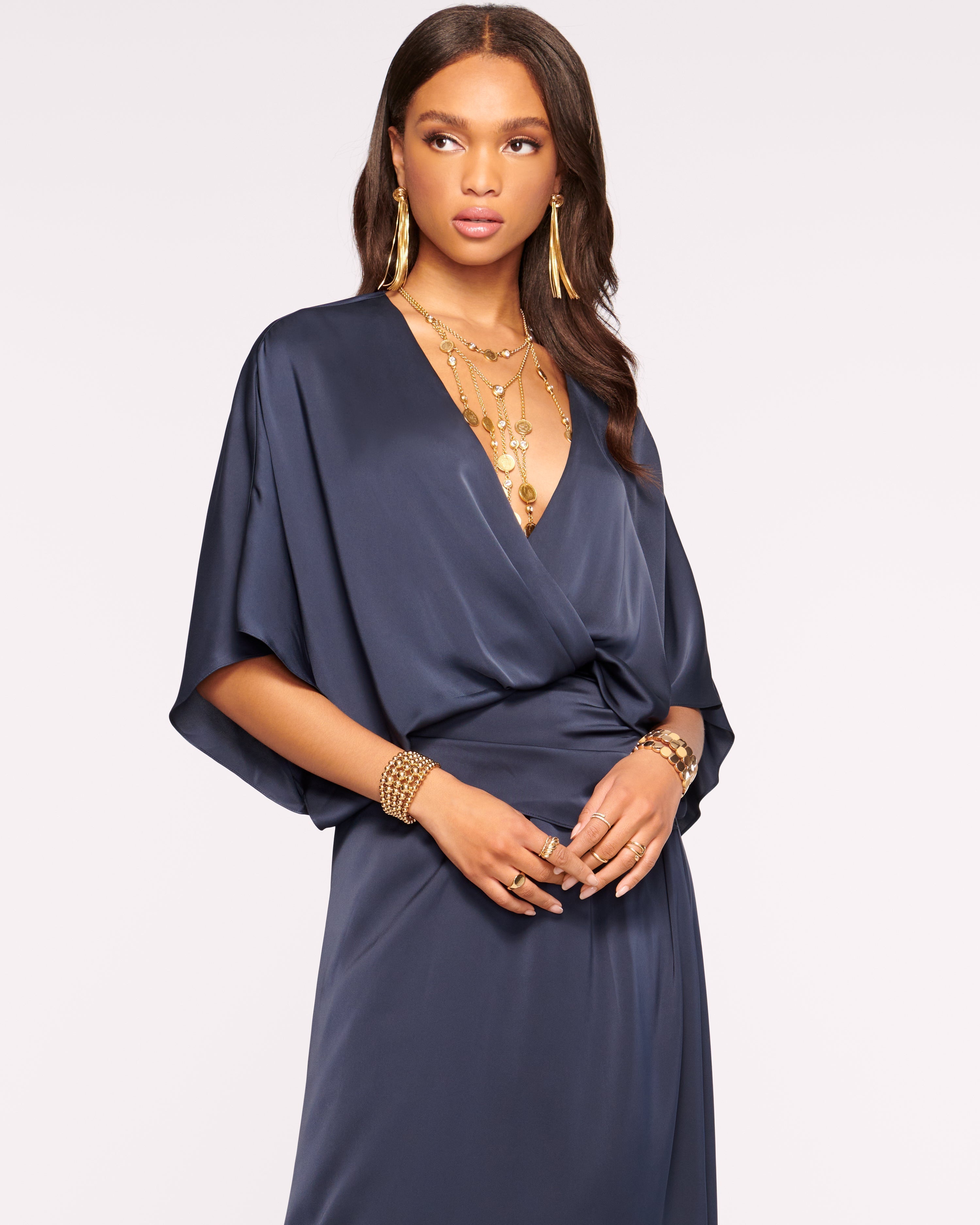 Adiel Wrap Midi Dress in Navy