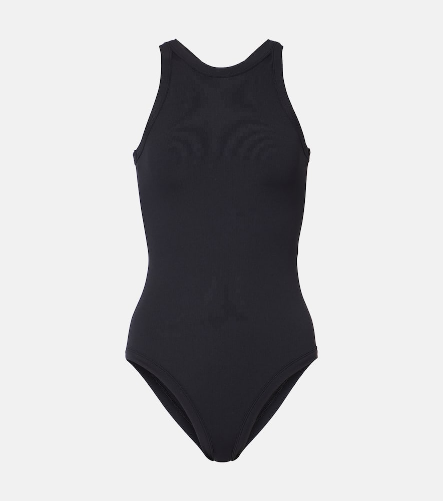 Curved ribbed-knit jersey swimsuit