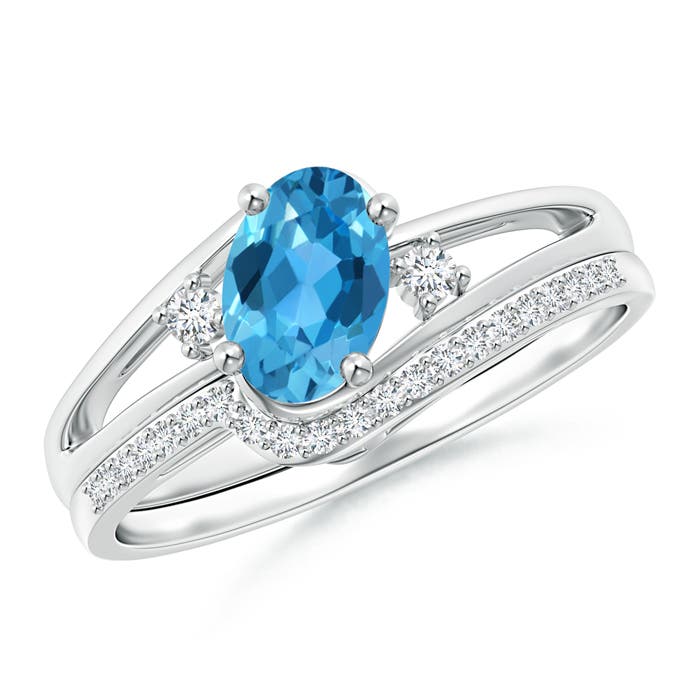 Angara 0.95 Carat Oval Swiss Blue Topaz and Diamond Bridal Set in Platinum