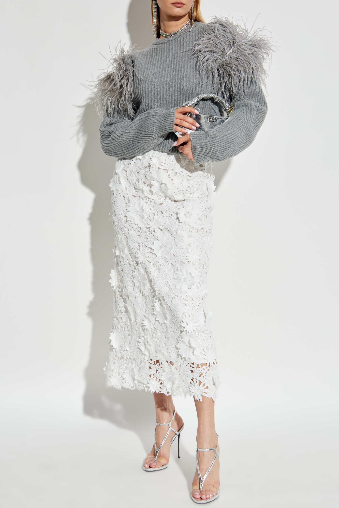 Sweater With Ostrich Feathers, Women's, Grey