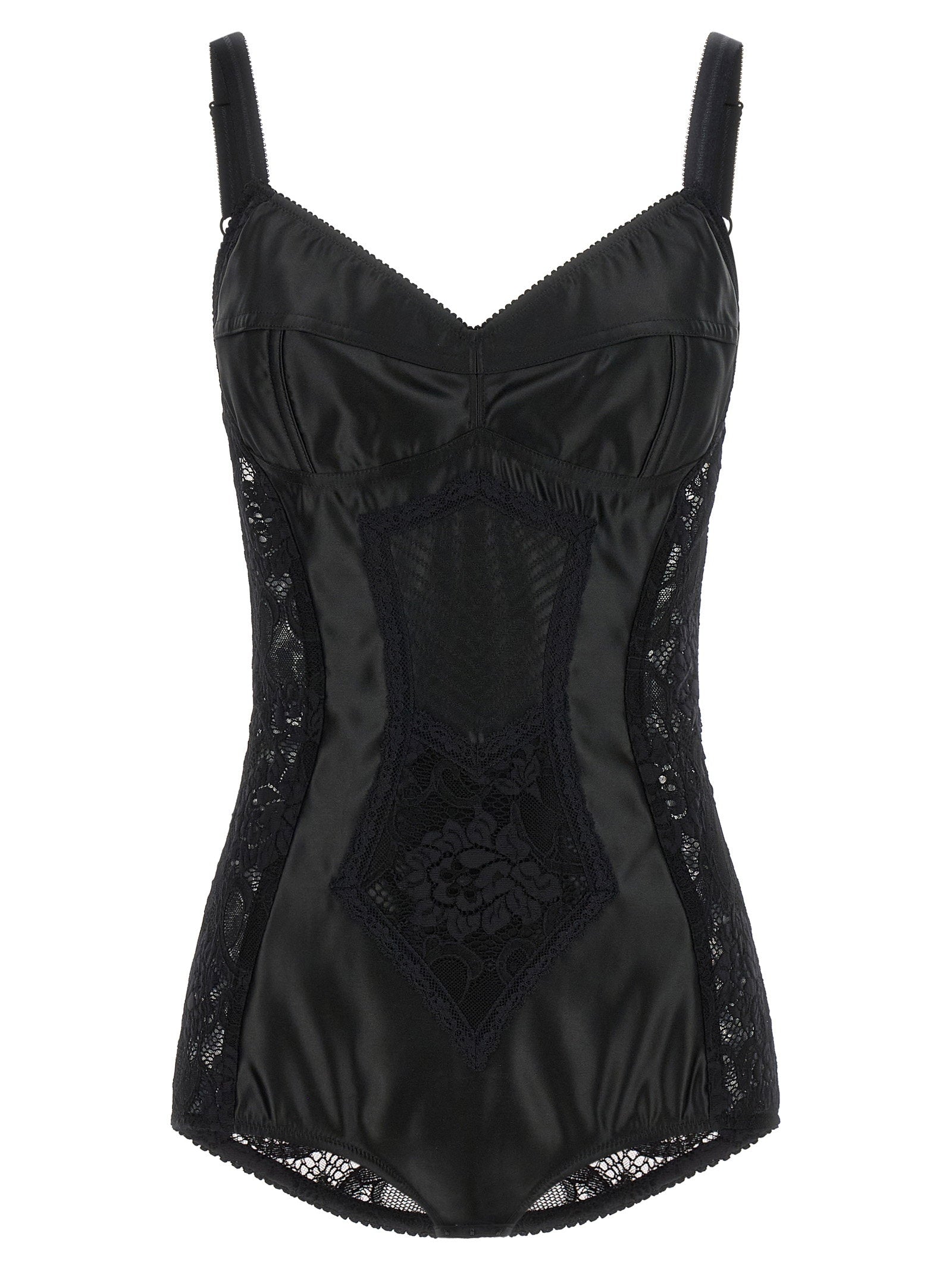 Satin and Lace Corsetry Bodysuit — Black