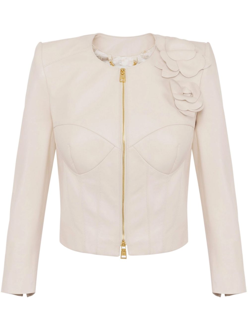Flower appliqués leather jacket - Neutrals
