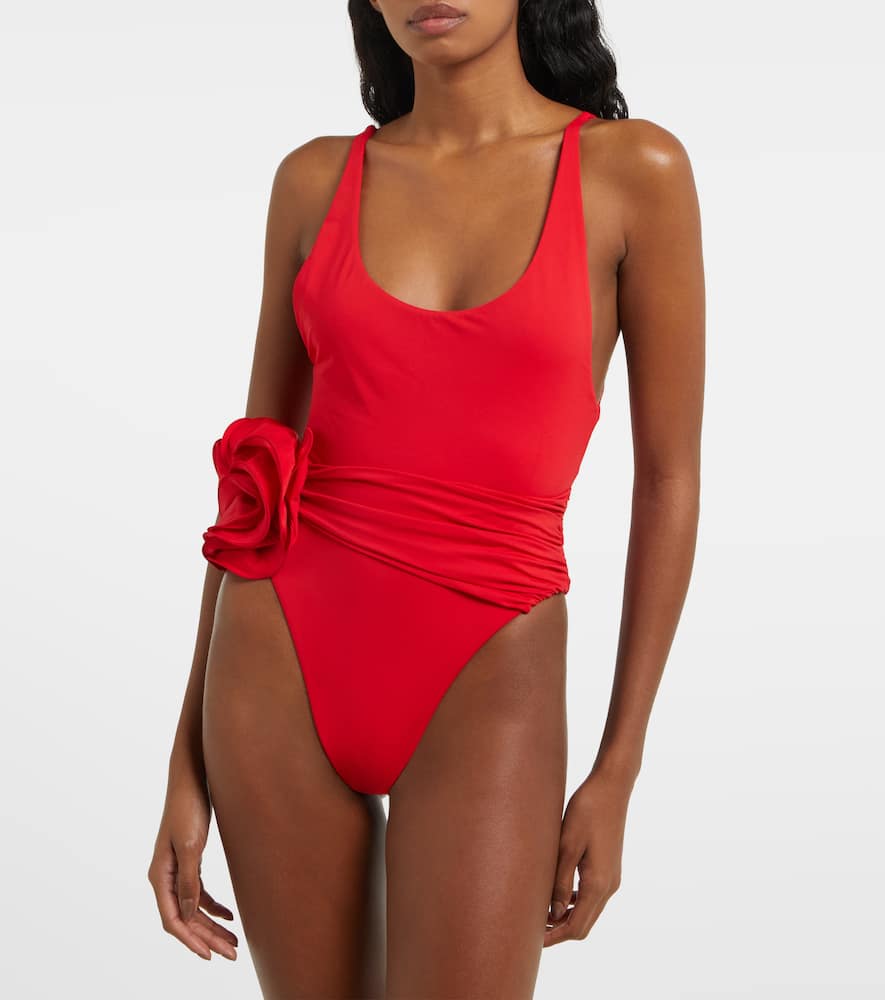 Floral-appliqué ruched swimsuit