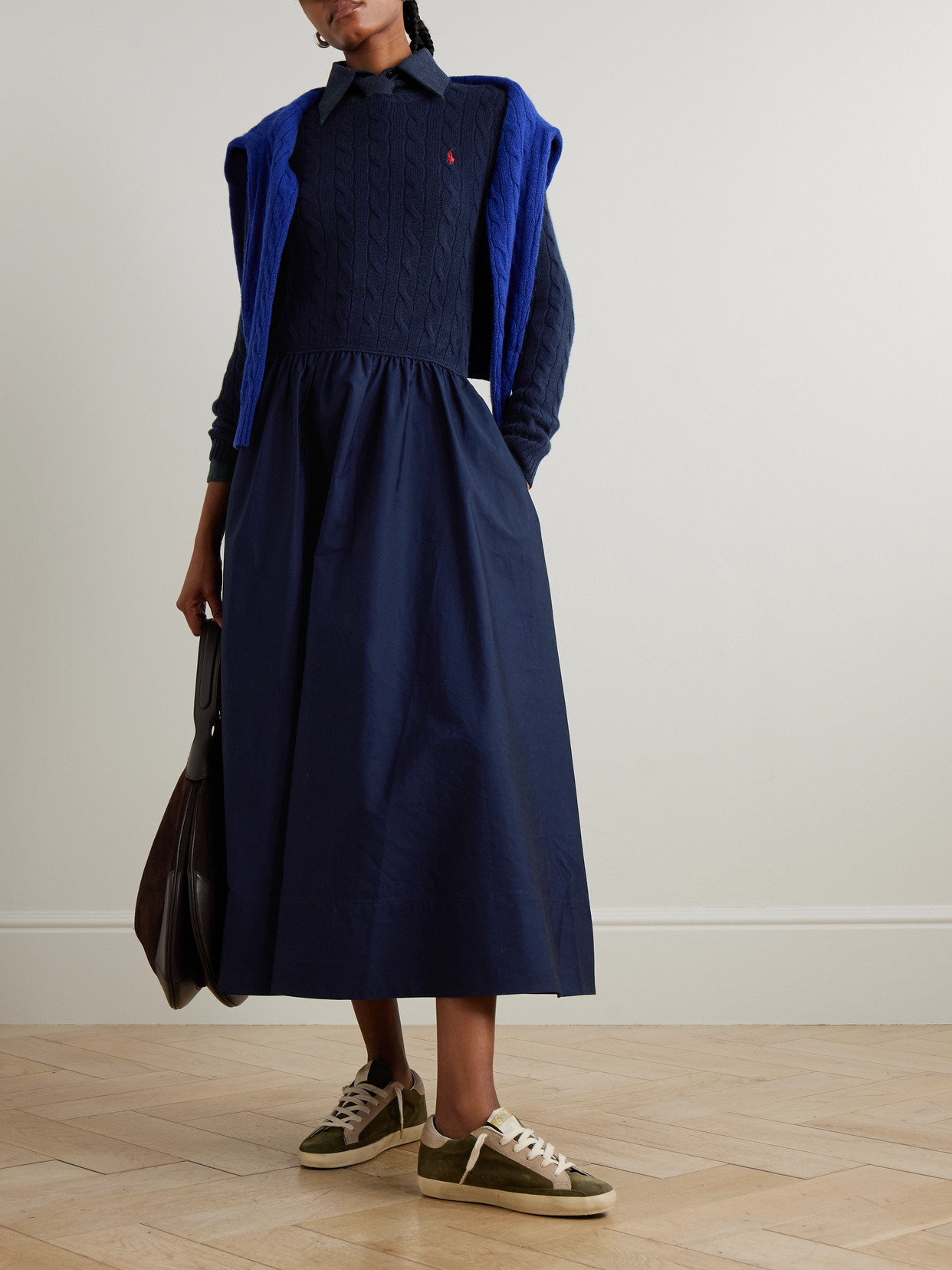 Embroidered Cable-knit Wool-blend And Cotton-poplin Maxi Dress - Blue