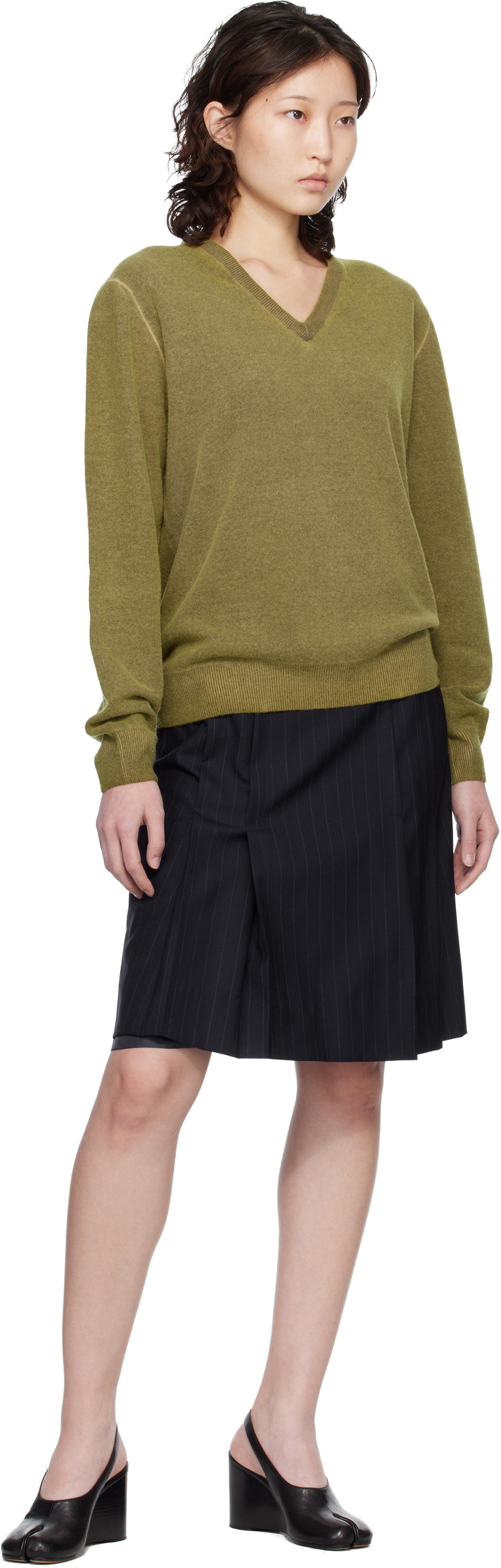 Green Virgin Wool V-Neck Sweater