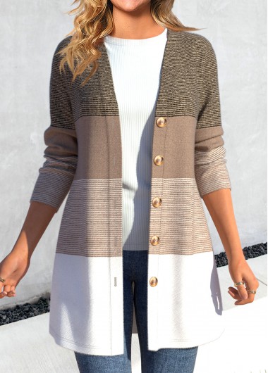 Modlily Light Camel Button Striped Long Sleeve Coat