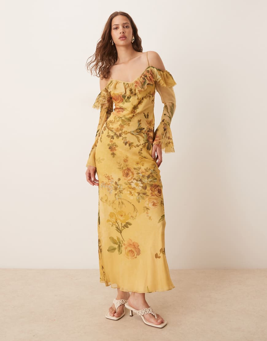 Cold shoulder frill long sleeve maxi dress in vintage floral-Multi