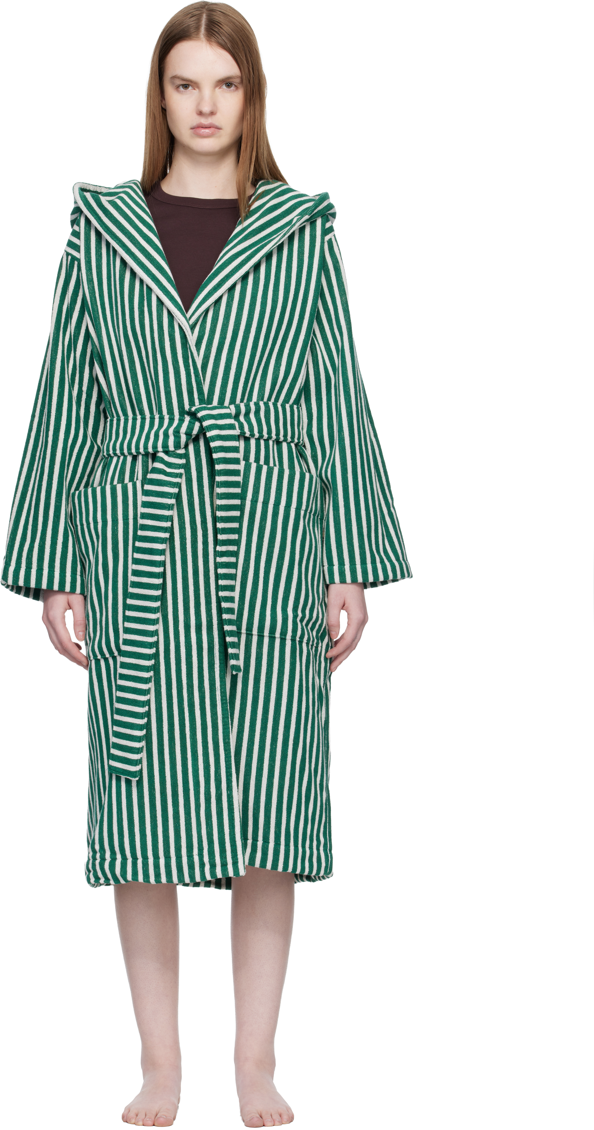 Green & White Terry Hooded Bathrobe
