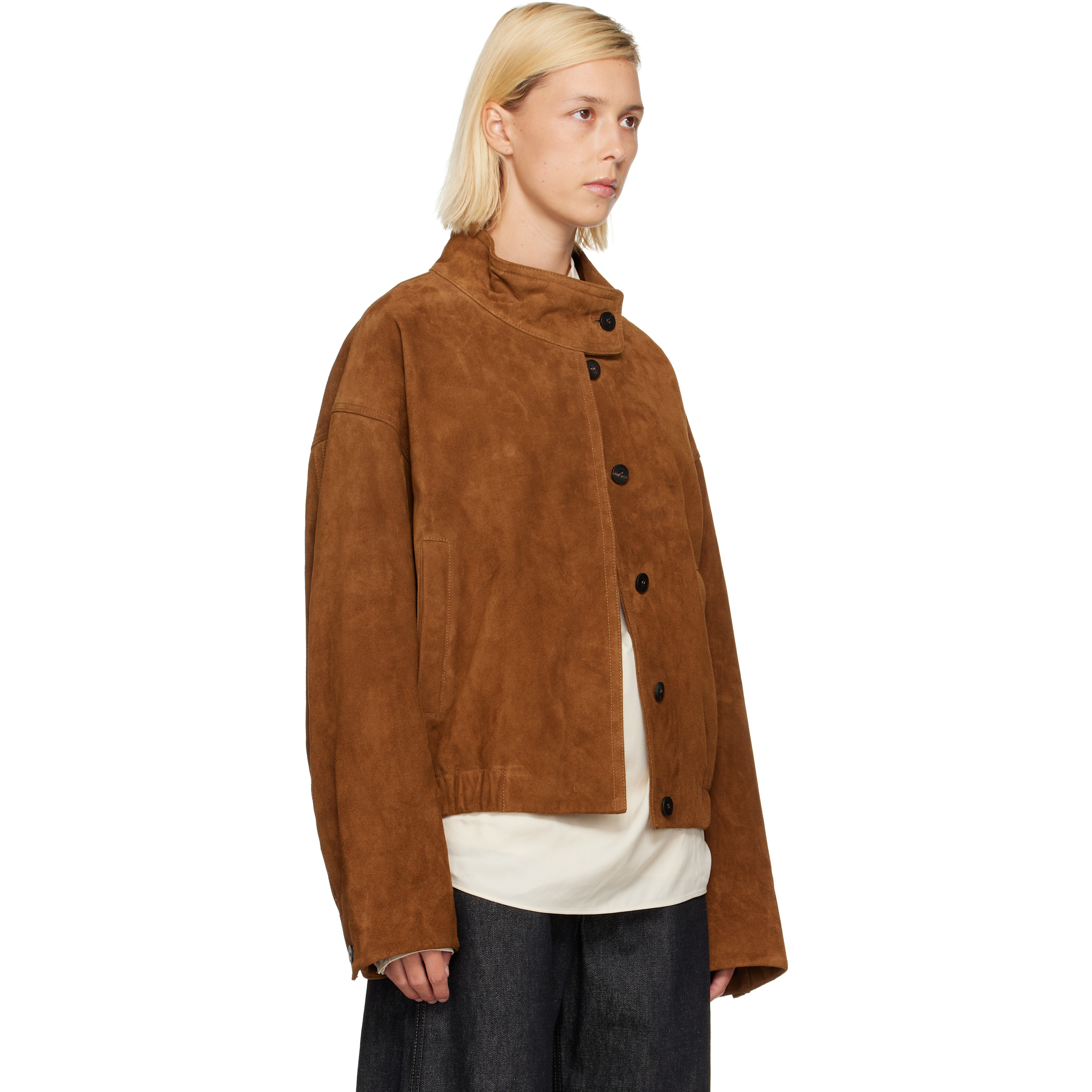 Tan Funnel Neck Suede Jacket