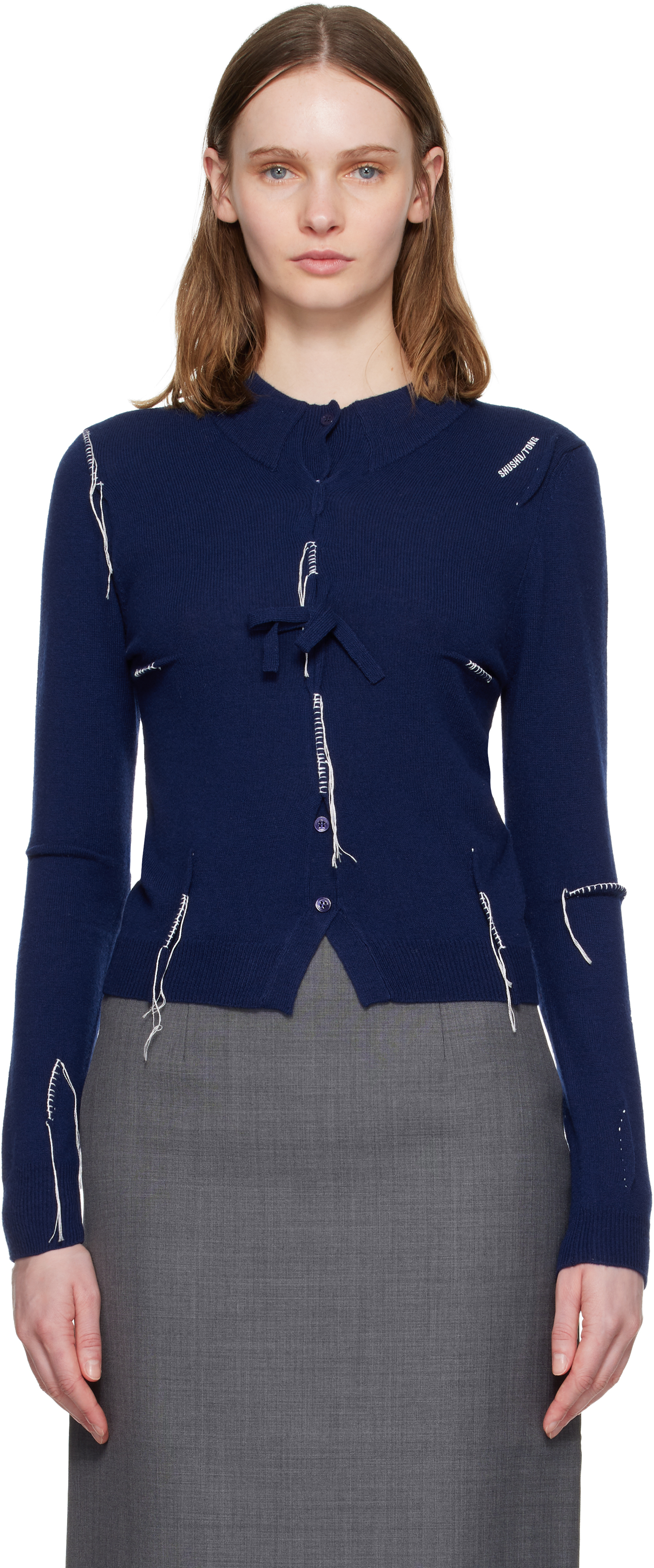 Navy Pin-Tuck & Threadwork Knit Sweater