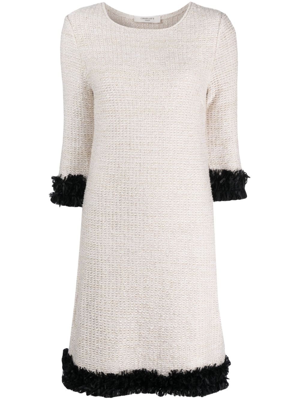 Contrasting-trim bouclé flared dress - White