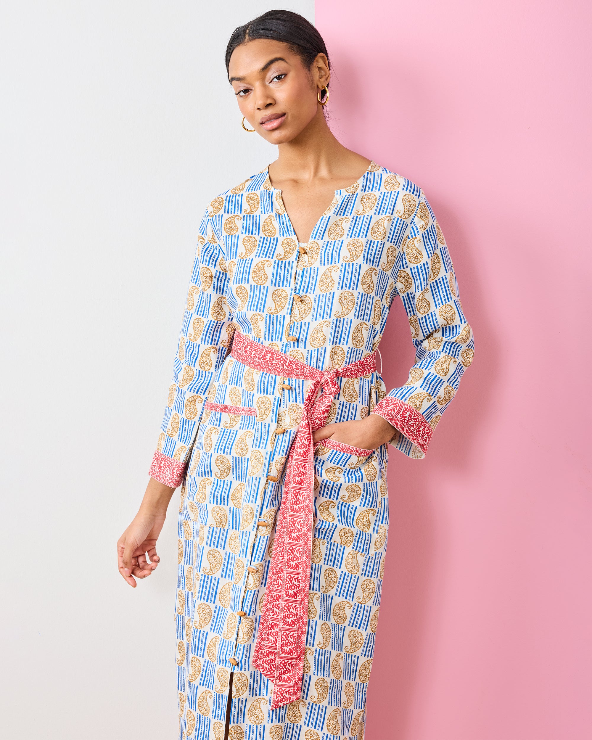 Printfresh x Pencil & Paper Linen Button-Front Long-Sleeve Midi Dress in PF + Pencil & Paper Co. Island Paisley | Women's Plus 3X | White