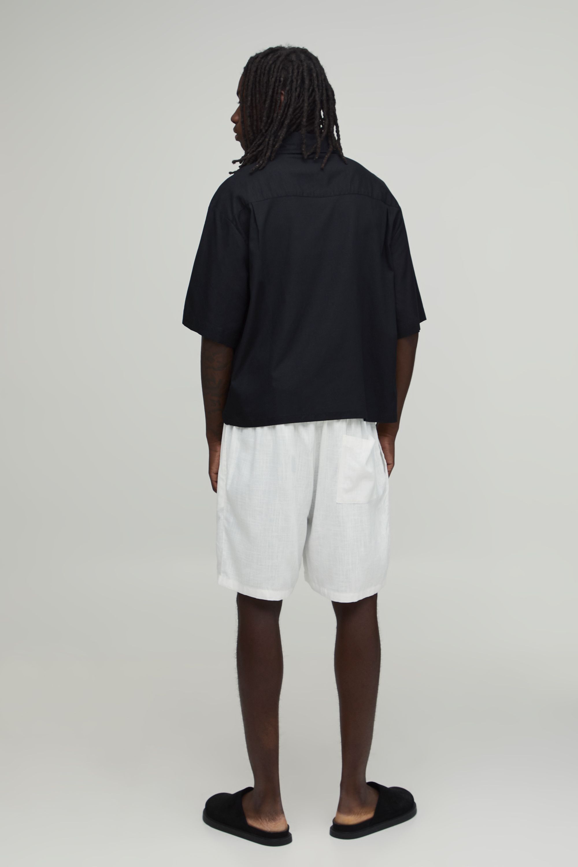 BoohooMAN Mens Oversized Boxy Asymmetric Linen Half Sleeve Shirt - Black - Large