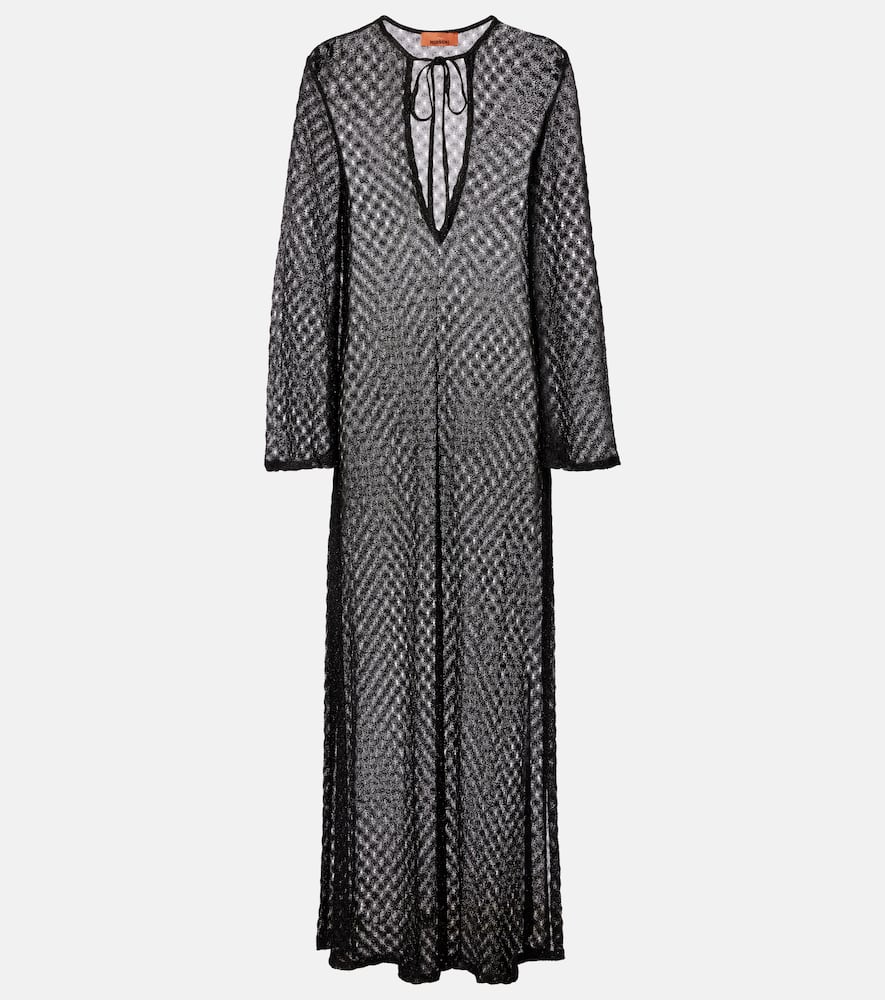 Open-knit tie-neck lamé kaftan