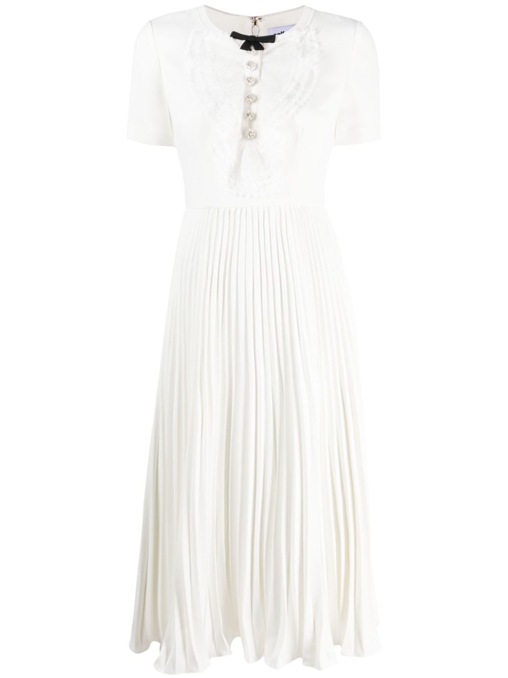 Lace-collar pleated midi dress - White