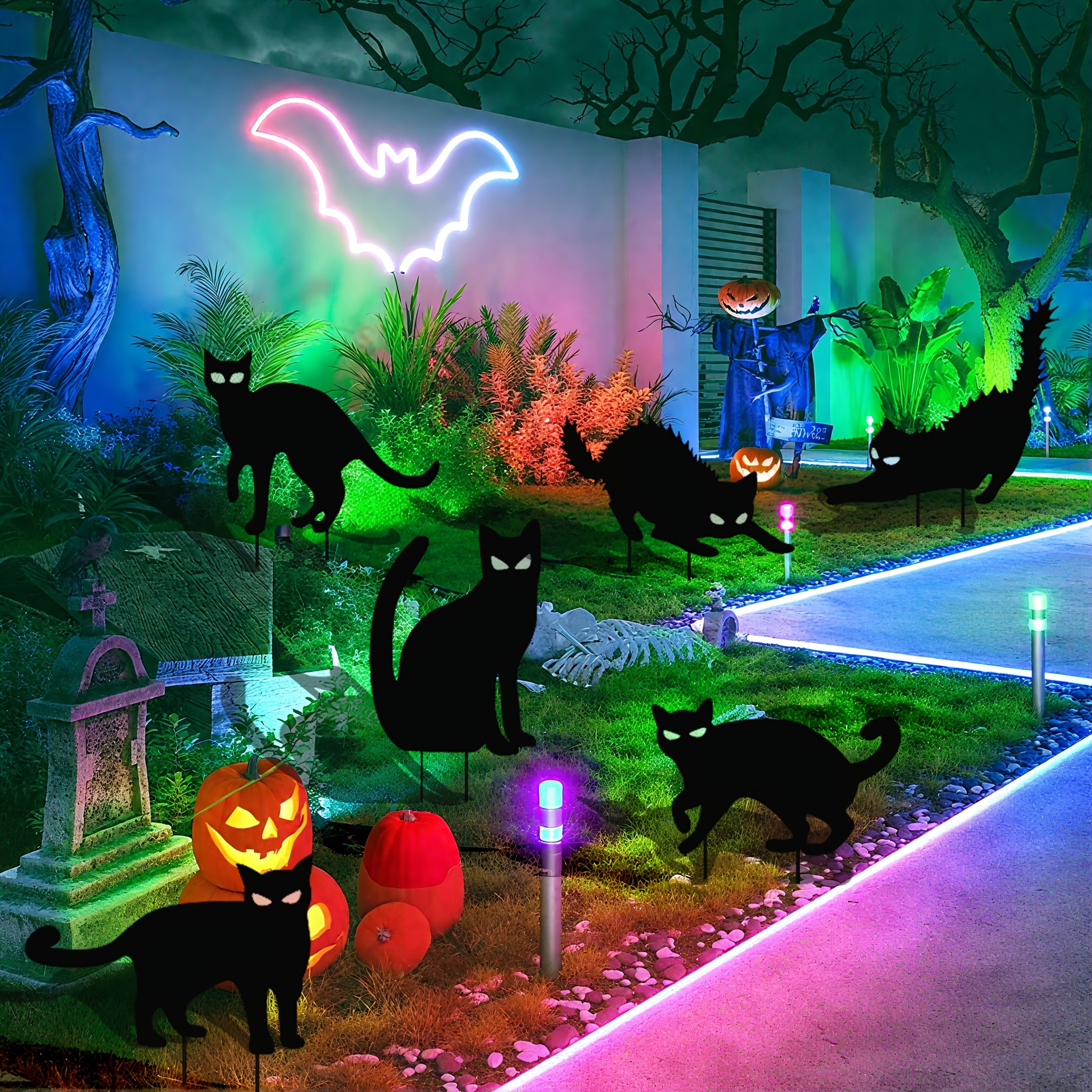TEMU 6 Pack Black Cat Halloween Decorations With Glowing Eyes & Scary Silhouette - Outdoor Yard Lawn Garden Spooky Party Decor, Stake-mounted Plastic