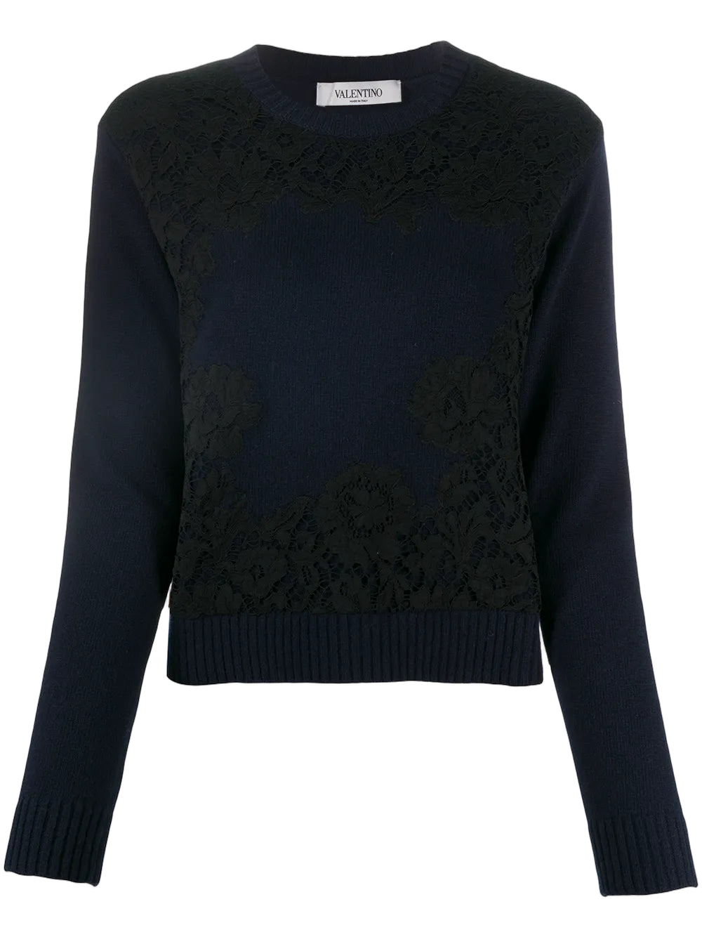 Lace-Overlay Wool-Cashmere Sweater — Navy