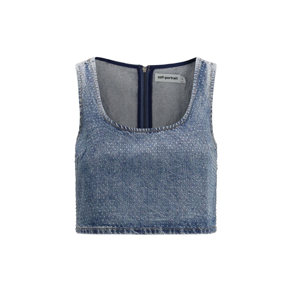 Rhinestone-Embellished Denim Crop Top — Blue