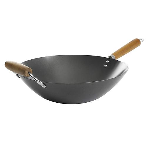 Hammond 14 Inch Flat Bottom Carbon Steel Wok in Black with Wooden Handles