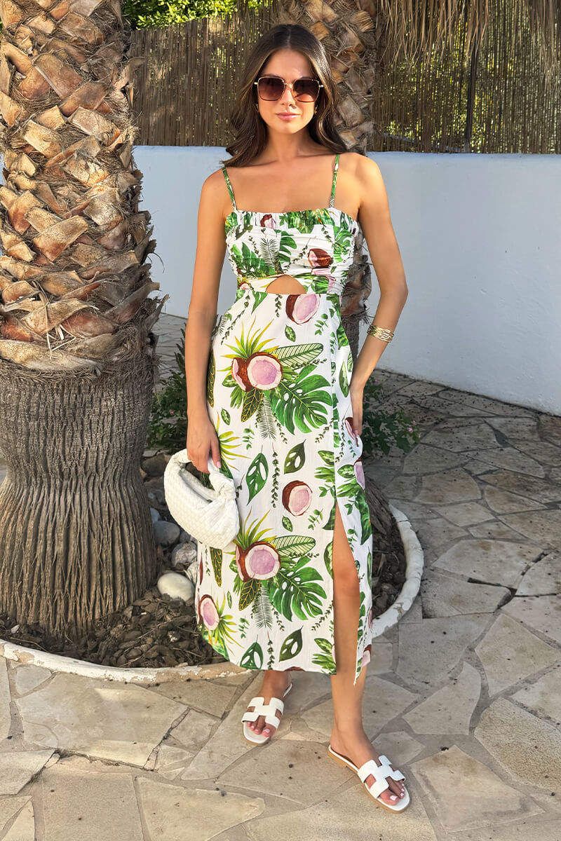 AX Paris Women's Multi Coconut Print Strappy Cut Out Midi Dre