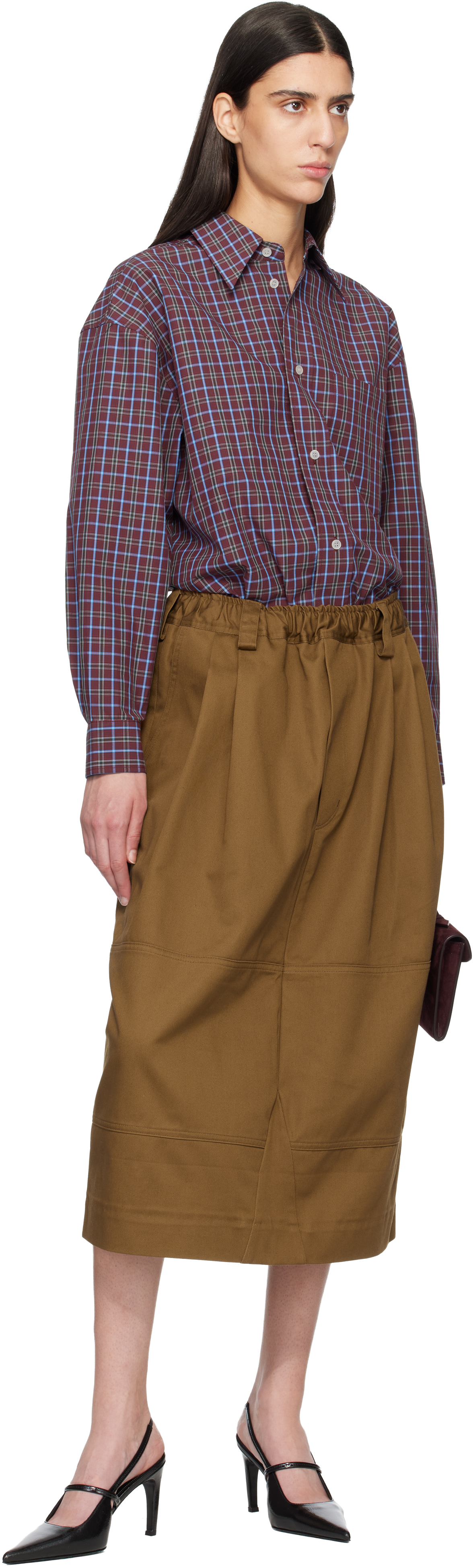 Brown Workwear Drawstring Denim Midi Skirt