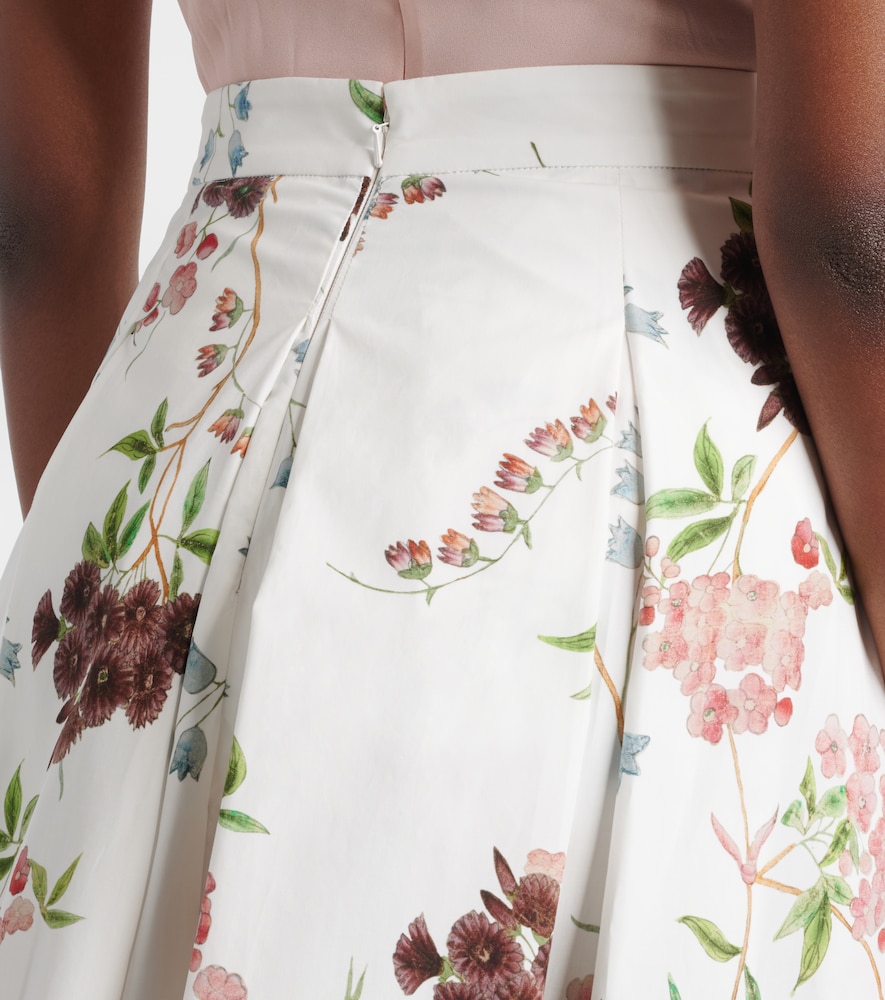 Floral pleated cotton poplin midi skirt