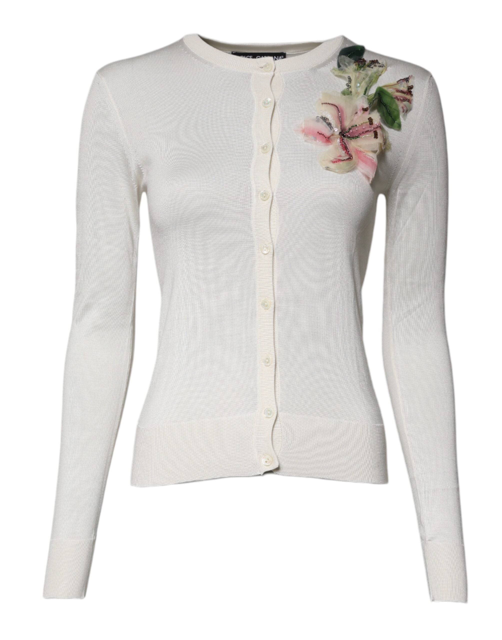 Floral Embellished Silk Cardigan — White