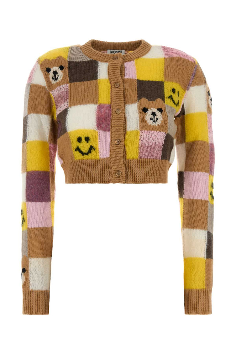 Moschino - smiley teddy bear patchwork knit cardigan