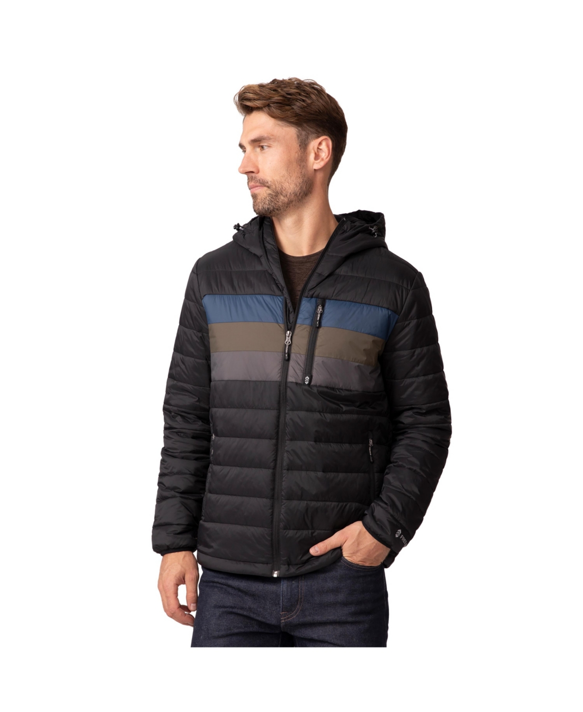 Men's Tri-Color Hooded Puffer Jacket - Black