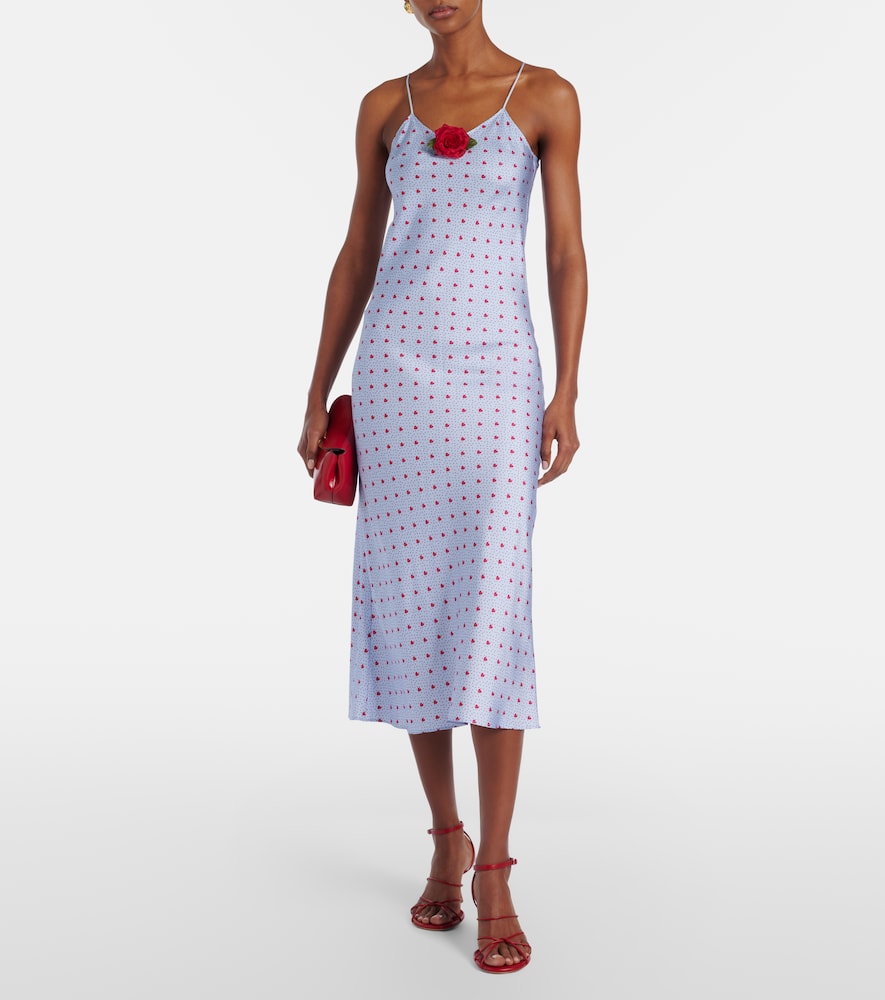 Floral-appliqué printed silk slip dress