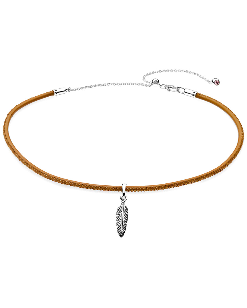 Pandora 여성 Silver & Golden Tan Leather Choker With Feather Charm Necklace